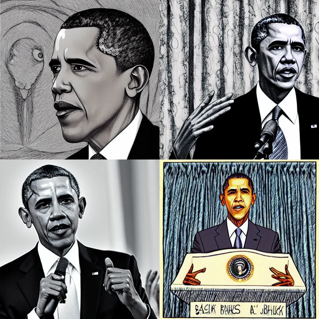 Prompt: “Barack Obama giving a speech, Junji Ito, drawing”