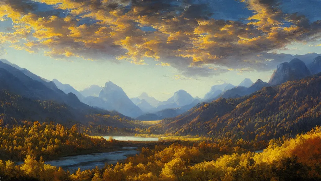 Image similar to The most beautiful panoramic landscape, oil painting, where the mountains are towering over the valley below their peaks shrouded in mist. The sun is just peeking over the horizon producing an awesome flare and the sky is ablaze with warm colors. The river is winding its way through the valley and the trees are starting to turn yellow and red, by Greg Rutkowski, aerial view