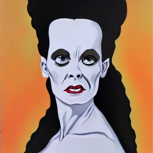 Prompt: Acrylic on canvas portrait of the Bride of Frankenstein