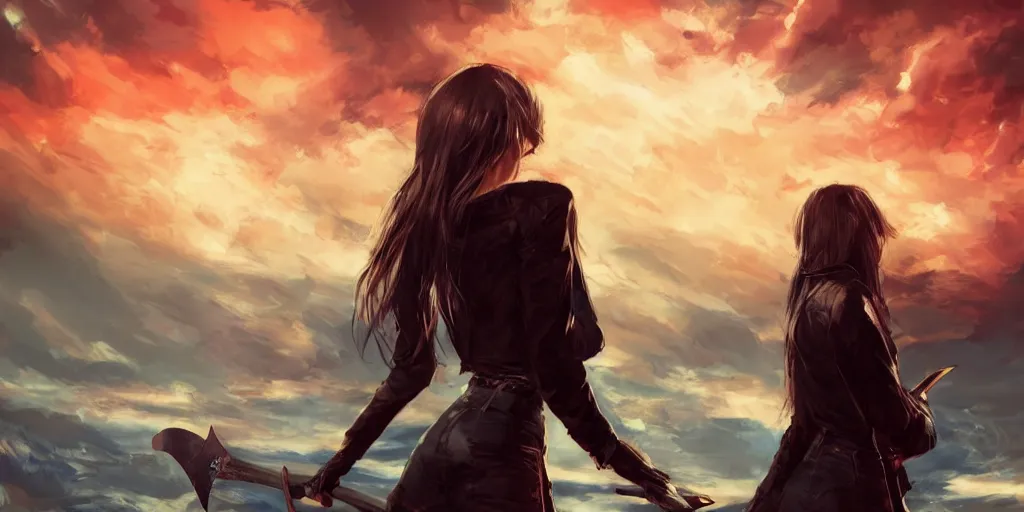 Image similar to back shot of one beautiful women in punk jacket gazing back into distance land, holding two swords. digital art by wlop. artstation contest winner, cinematic paint. lower shot. fiery dramatic cloud in background.