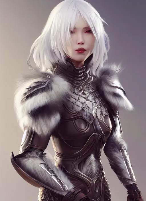 Image similar to warrior, fur leather armor!!! beautiful and elegant white hair female!! gorgeous ayes!! character concept art, sharp focus, octane render! unreal engine 5! highly rendered!! trending on artstation!! detailed linework!! illustration by artgerm, wlop, and chie yoshii