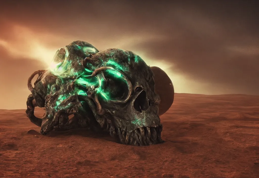 Image similar to eldritch animal alien skull in a dessert in mars, photorealistic, film, cinematic lighting, octane tender, volumetric light, dark - art