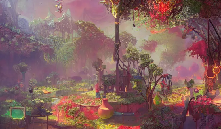 Prompt: dreamlike solarpunk garden fantasycore, glossy painting, Art Nouveau Cosmic 4k Detailed Matte Illustration featured on Getty Images ,CGSociety, Jade and Carrot orange color scheme, Pastiche by Marc Simonetti, Pastiche by Cedric Peyravernay