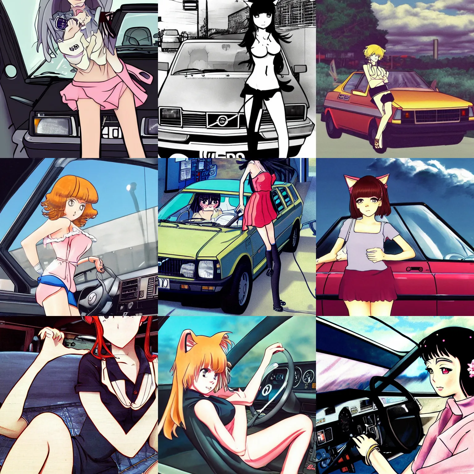 Prompt: catgirl driving a volvo 240, anime-style