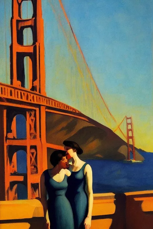 Image similar to edward hopper style!!! a lesbian couple!! romantic, mid century, golden gate bridge in the background!!!
