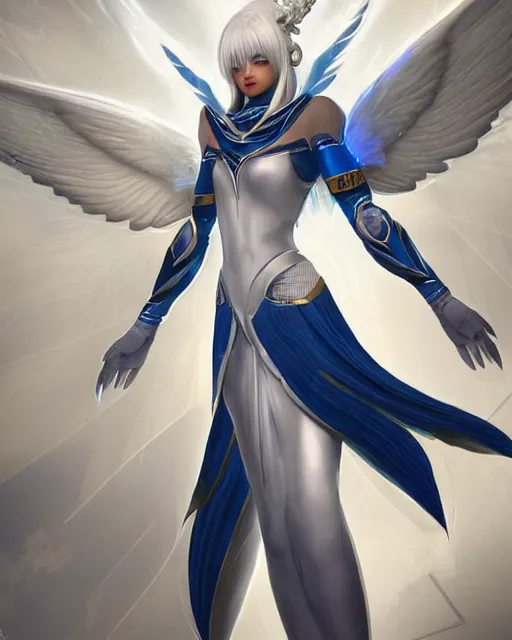 Image similar to perfect white haired attractive egyptian goddess with huge white dove wings, warframe armor, beautiful, symmetric, dreamy, half asian, pretty face, blue eyes, detailed, scifi platform, laboratory, experiment, 4 k, ultra realistic, epic lighting, android body, illuminated, cinematic, masterpiece, art by akihito tsukushi, voidstar, livia prima