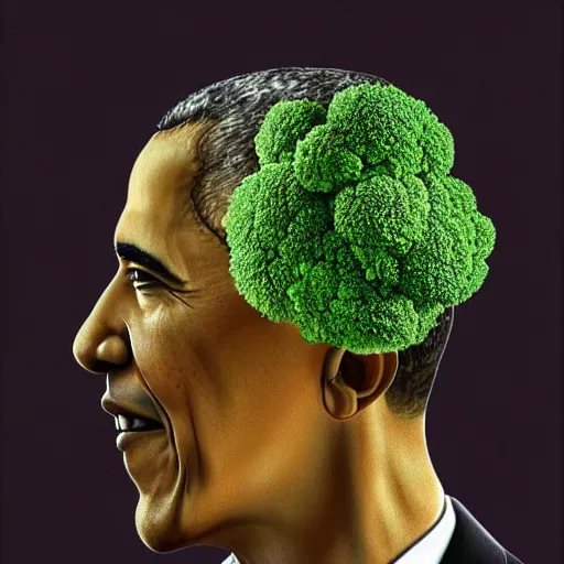 Prompt: barack obama with hair made out of broccoli. still image. high detail
