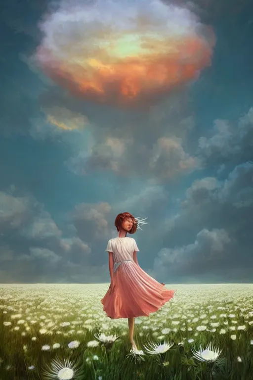 Prompt: giant white daisy flower as head, full body girl dancing in a flower field, surreal photography, sunrise, dramatic light, impressionist painting, colorful clouds, digital painting, artstation, simon stalenhag