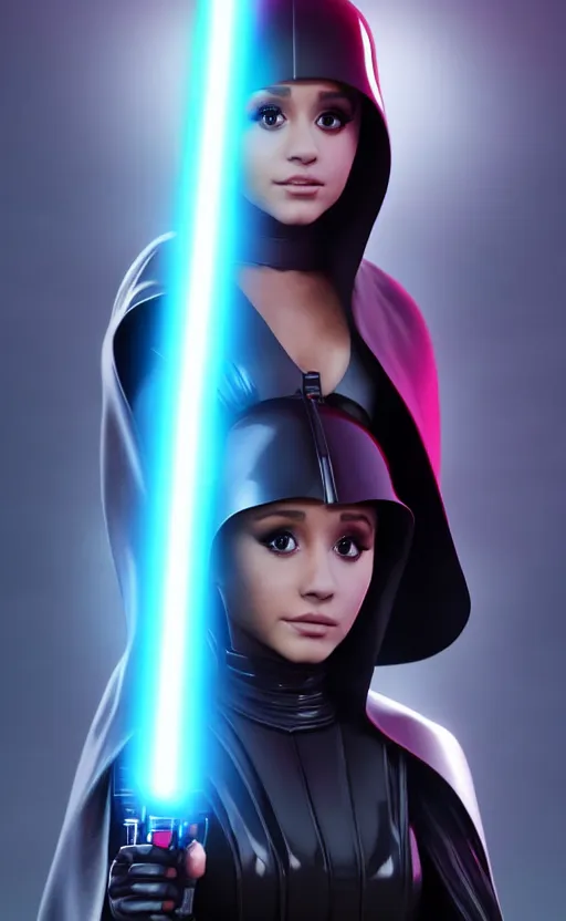 Image similar to Ariana Grande as an evil Sith lord trained by Darth Vader and preparing for a lightsaber duel Star Wars, artstation, Octane Render, 8K resolution, photo realism character art by Artgerm