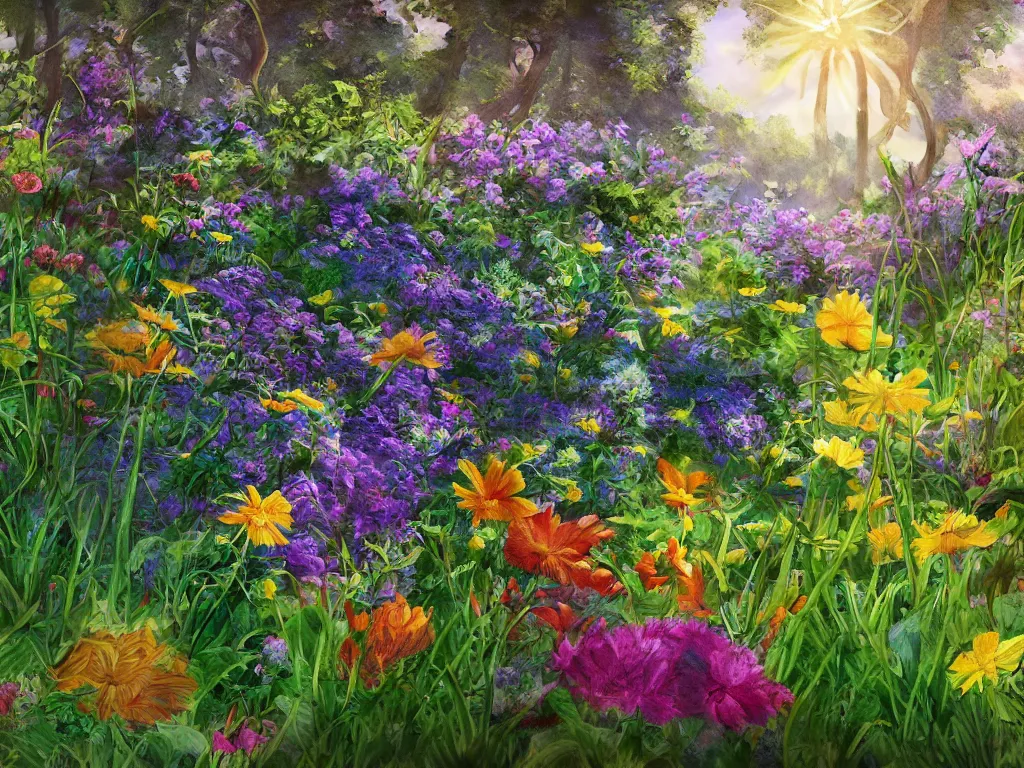 Prompt: sunlight study, wildflower garden, art nouveau, by jan davidz de heem and ( ( ( ( ( lisa frank ) ) ) ) ), 8 k, sharp focus, octane render, kauai