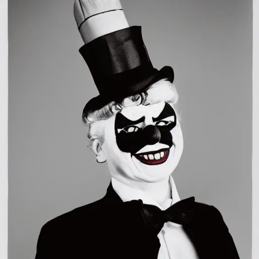 Prompt: a realistic photo of ignazio cassis dressed as a clown, black and white, photo by helmut newton