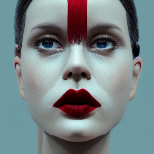 Prompt: hight focus of a symmetrical portrait of a lady with the lips that are sewn with red thread, dramatic light, cinematic, artstation, poster, octane render 8 k s 1
