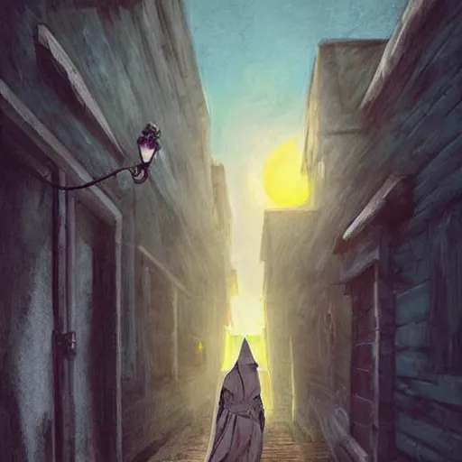 Prompt: a hooded rogue leads you down an alleyway, art, realistic, detailed, dnd, sunset