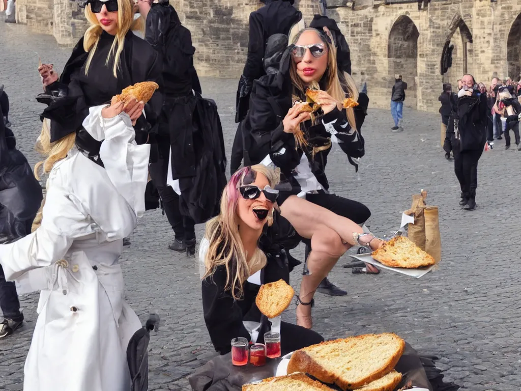 Prompt: Lady Gaga eating bread on Charles Bridge