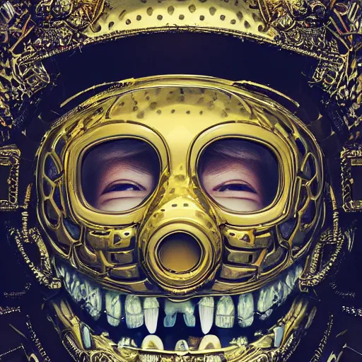 Prompt: portrait_of_a_Thug_with_Gold_Teeth_Smiling_through_Ski_Mask._intricate_abstract._intricate_artwork._by_Tooth_Wu_wlop_beeple_dan_mumford._octane_render_trending_on_artstat