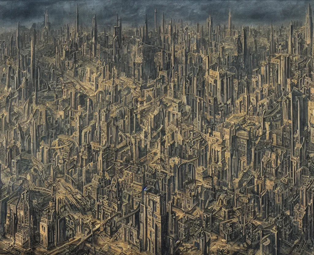 Image similar to a city of archologies in the style of Dystopian gothic surrealism painting