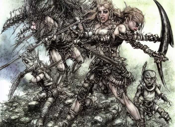 Image similar to bald barbarian girl fighting small cute goblins by Luis Royo and Ian Miller