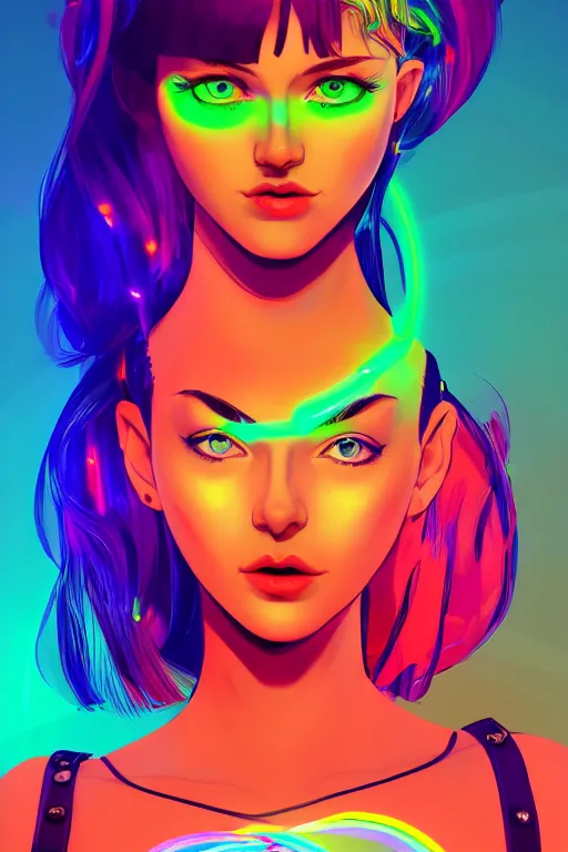 Image similar to a award winning portrait of a beautiful woman with stunning eyes in a one off shoulder croptop and cargo pants with rainbow colored hair, outlined by whirling illuminated neon lines and fine lines swirling in circles by ilya kuvshinov, digital art, trending on artstation