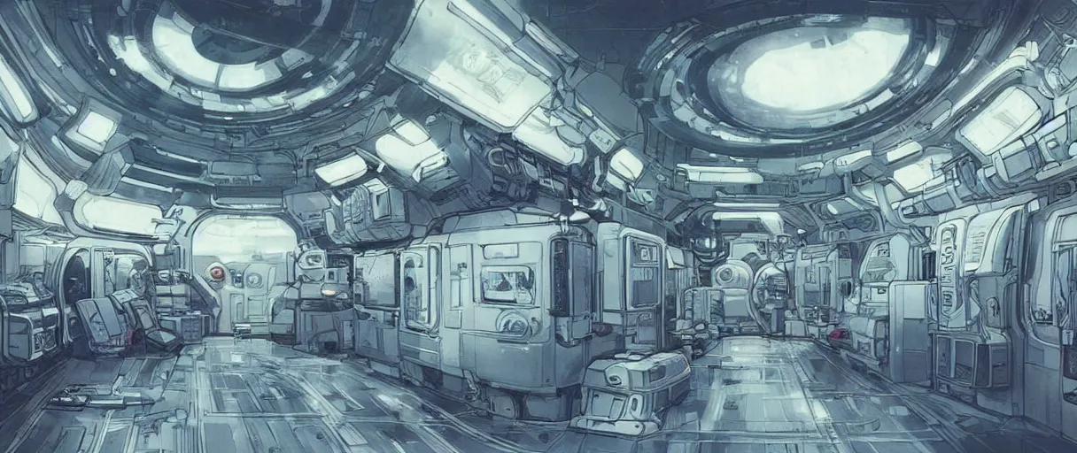 Prompt: concept art for the interior of a space station there is a large window looking out on a planet from space by kim jung gi