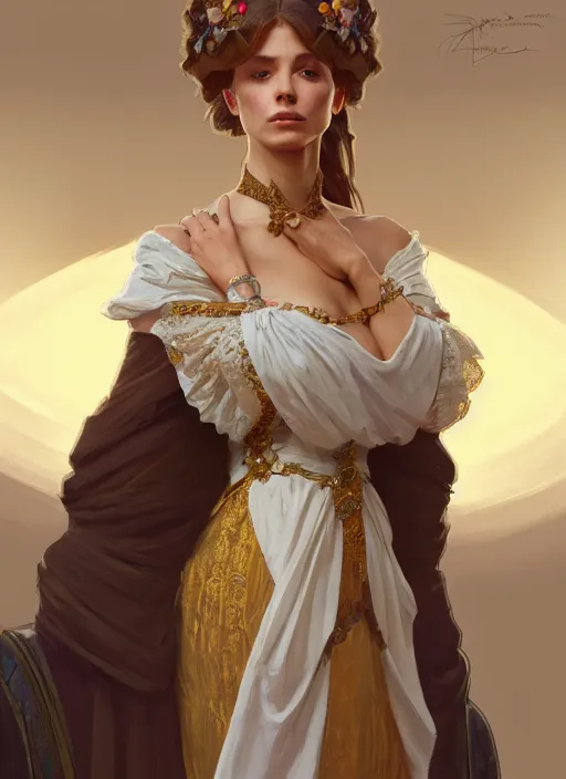 Image similar to portrait of a full body of beautiful female princess, d & d, baroque dress, flat lighting, intricate, highly detailed, digital painting, artstation, concept art, smooth, sharp focus, illustration, art by simon bisley and greg rutkowski and alphonse mucha, natural tpose