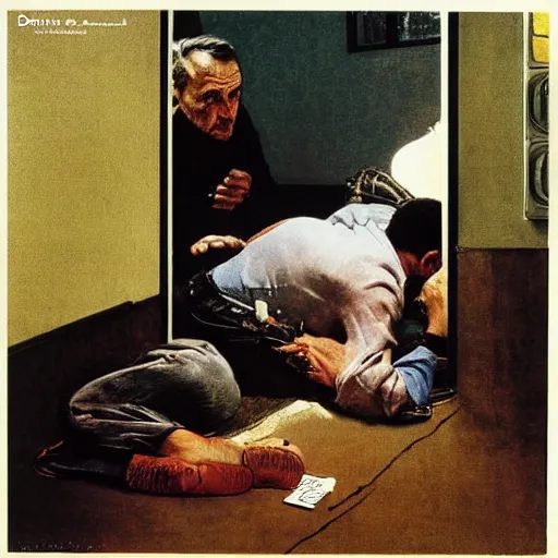 Prompt: dennis hopper crawling around on the floor of a dingy apartment, norman rockwell