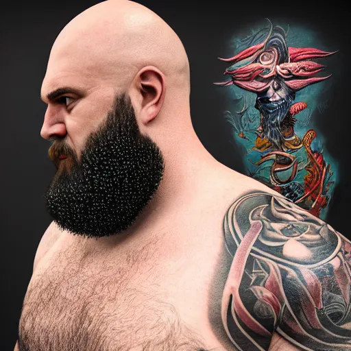 Prompt: ultra detailed full body portrait of bald man, long beard, strong arms, big belly, tattoos, cinematic lightning, bright colors, intricate, masterpiece, photorealistic, hiperrealistic, sharp focus, high contrast, artstation hq, deviantart trending, 8 k uhd, unreal engine 5, unity engine, post production w 7 6 8