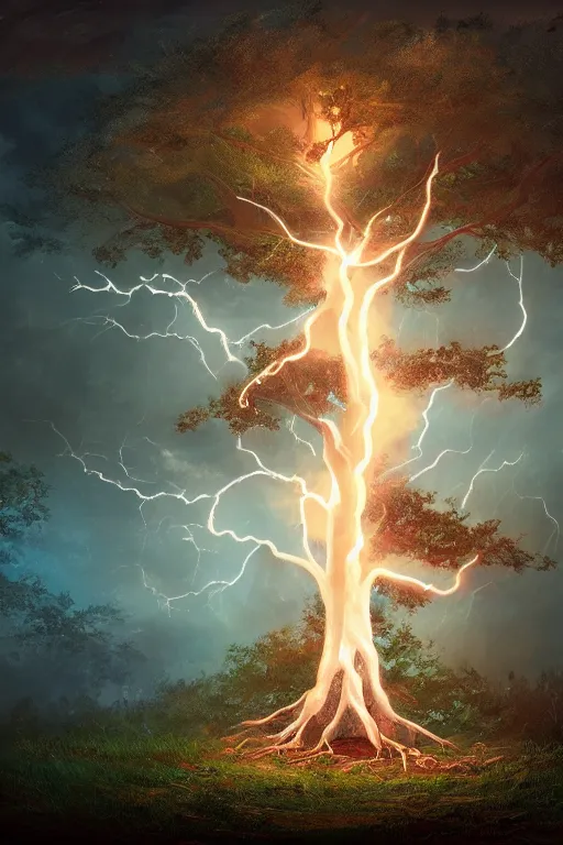Prompt: a tree with lightning leaves, overexposure, electricity, night, unreal engine, digital art, 8 k, oil painting, fantasy art, illustration, detailed and intricate environment