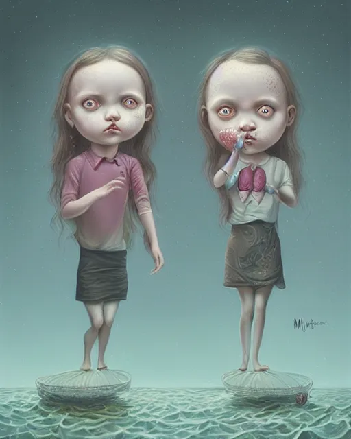 Prompt: Whimsically weird eerie portrait of twins by Mark Ryden and Cyril Rolando, pop surrealism, pastelwave, Hyperdetailed, stylized, cel shading, CGsociety, Artstation