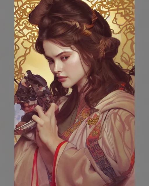 Prompt: highly detailed illustration of padme amidala, sharp shapes, soft brush strokes, waxy skin, chinese artstyle, alphonso mucha, risque, masterpiece, artstation