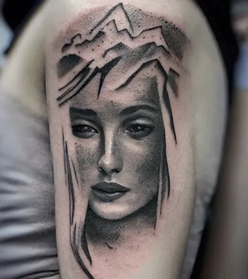 Prompt: tattoo design sketch of a double exposure of a beautiful mountain scenery with a faded beautiful woman face, hyper - realistic, in the style of matteo pasqualin, amazing detail, black and white, faded