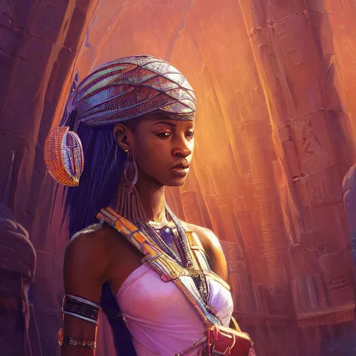 Image similar to highly detailed portrait of an african egyptian goddess, stephen bliss, unreal engine, fantasy art by greg rutkowski, loish, rhads, ferdinand knab, makoto shinkai and lois van baarle, ilya kuvshinov, rossdraws, tom bagshaw, global illumination, radiant light, detailed and intricate environment