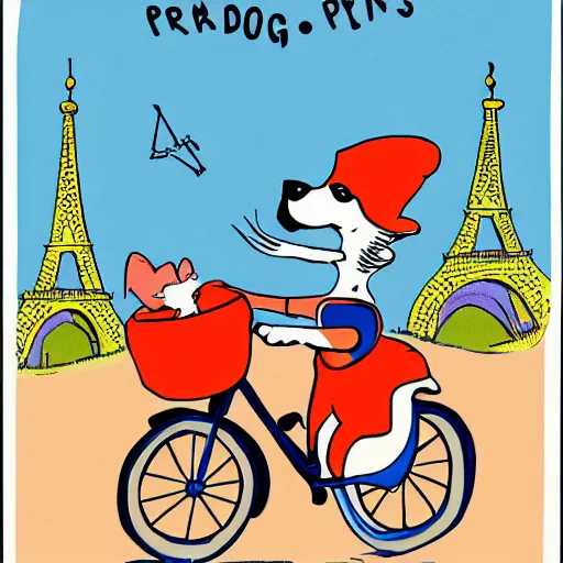 Prompt: illustration of a dog riding a bike in paris in the style of dr. seuss