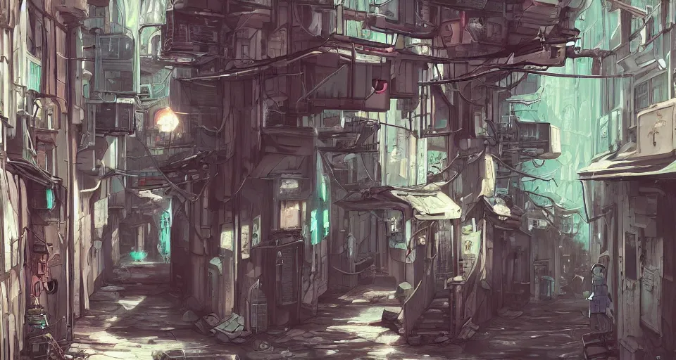 Prompt: concept art of sci - fi alleyway, in style of hayao miyazaki, by studio ghibli, hyper detailed, 8 k hdr, artstation, cg render