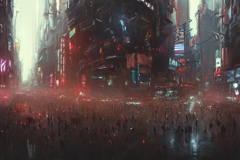Prompt: a dramatic artstation illustration of a crowd of people at a city intersection bowing to their ai overlords by greg rutkowski, cyberpunk, beautiful,