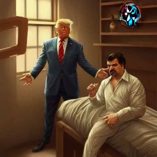 Image similar to illustration of donald trump and El Chapo sharing a prison cell in jail. videogame cover art, highly detailed, digital painting, artstation, concept art, smooth, detailed armor, sharp focus, beautiful face, illustration, art by Artgerm and greg rutkowski and alphonse mucha