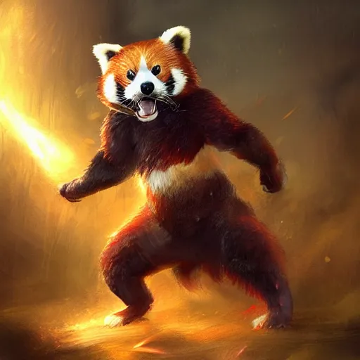 Prompt: Anthropomorphized red panda in battle armour, D&D, fantasy, cinematic lighting, highly detailed, digital painting, artstation, concept art, smooth, sharp focus, illustration, warm light, cozy warm tint, magic the gathering artwork, volumetric lighting, 8k, no gold, no gold colours, art by Akihiko Yoshida, Greg Rutkowski