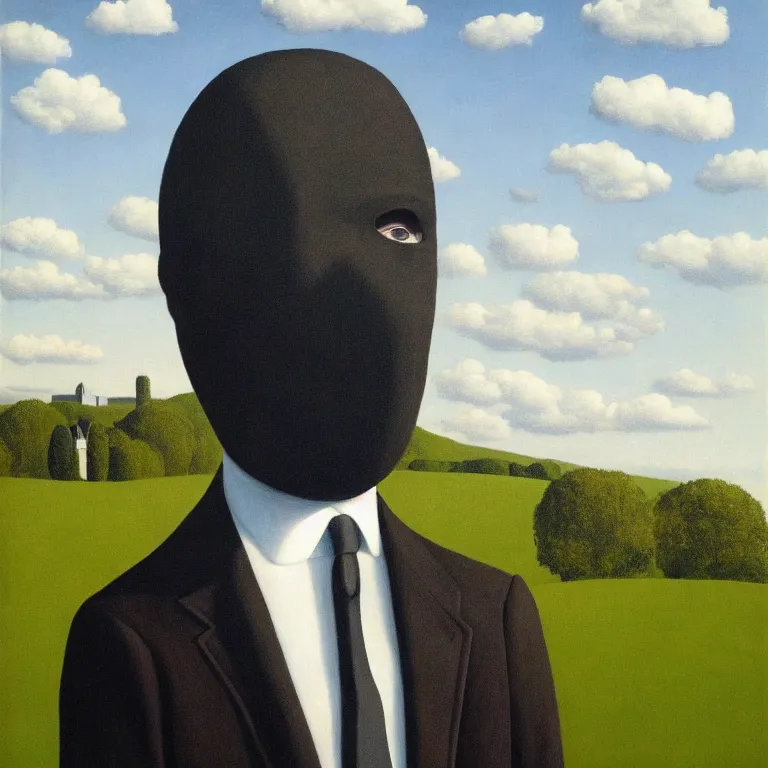 Prompt: portrait of a faceless masked - head man in a suit and black gloves, clouds and nature landscape in the background, by rene magritte, detailed painting, distance, centered, hd, hq, high resolution, high detail, 4 k, 8 k