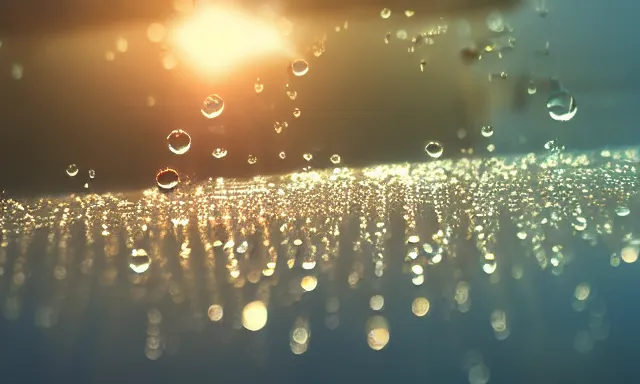 Image similar to beautiful picture of big upside-down raindrops floating quietly in a sunny blue sky, hot and sunny, highly-detailed, elegant, golden hour, dramatic lighting, artstation, 4k, cinematic landscape, photograph by National Geographic