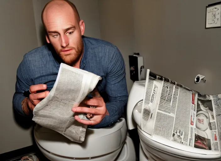 Image similar to chris long reading a newspaper on a toilet