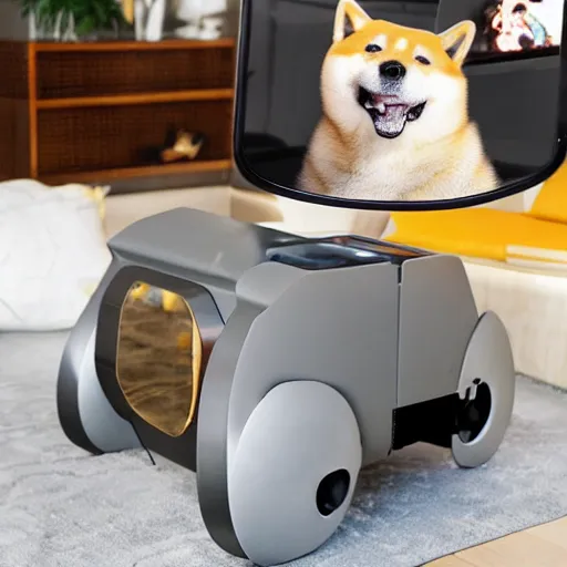 Image similar to doge the shiba - inu as a futuristic robot made of metal and carbon - fiber, in a sunny suburban living - room.