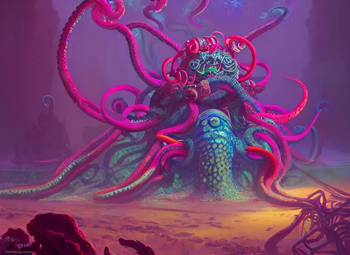 Prompt: A psychedelic kraken priest neothelid, vibrant color scheme, highly detailed, in the style of romanticism, cinematic, artstation, Moebius, Greg rutkowski