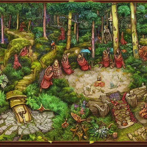 Prompt: highly detailed commune of !!!!!hedonist!!!!! (((((elves))))). the (((((elves))))) are carefree and playful. digitally painted forest scene. The (((((elves))))) each have the face of famous musician !!!!!Ed Sheeran!!!!!. pixiv, artbreeder. high quality art