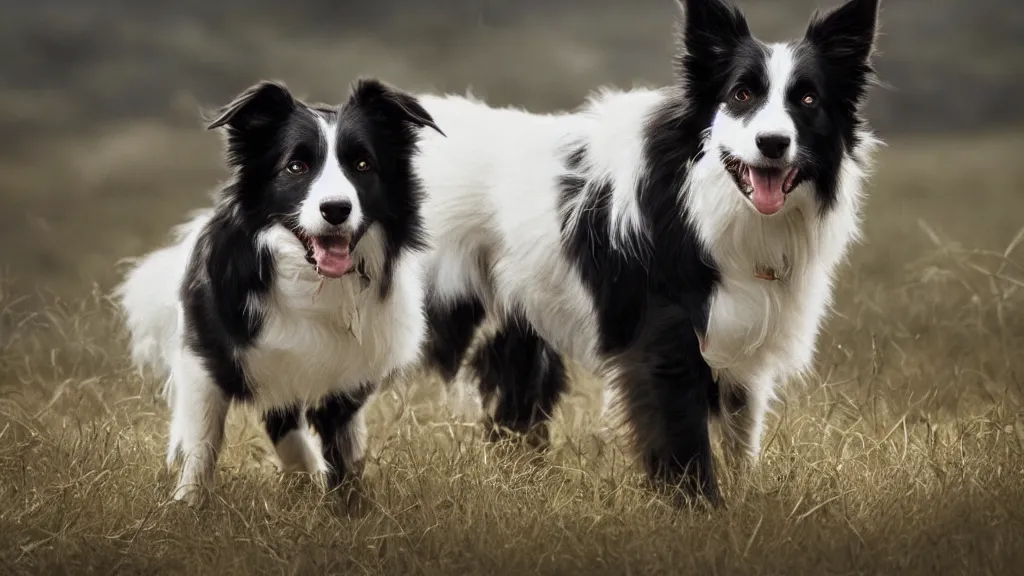 Image similar to Border Collie, splash art, movie still, cinematic lighting, dramatic, octane render, long lens, shallow depth of field, bokeh, anamorphic lens flare, 8k, hyper detailed, 35mm film grain