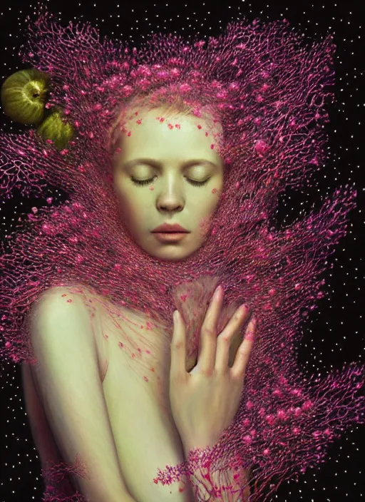 Image similar to hyper detailed 3d render like a Oil painting - Aurora (Singer) Eats of the Strangling Fruit and Her Hands full of gossamer polyp blossoms bring iridescent fungal flowers whose spores black the foolish stars by Jacek Yerka, Mariusz Lewandowski, Houdini algorithmic generative render, Abstract brush strokes, Masterpiece, Edward Hopper and James Gilleard, Zdzislaw Beksinski, Mark Ryden, Wolfgang Lettl, hints of Yayoi Kasuma, octane render, 8k