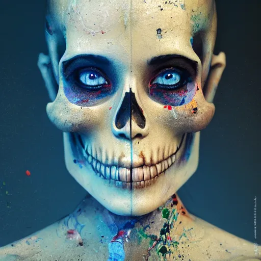 Prompt: full body pose, hyperrealistic mixed media painting of beautiful skull woman, dim volumetric lighting, 8 k, octane beautifully detailed render, extremely hyper detailed, intricate, epic composition, cinematic lighting, masterpiece, trending on artstation, very very detailed, masterpiece, stunning, hdr, smooth, sharp focus, high resolution, award, winning photo, dslr, 5 0 mm