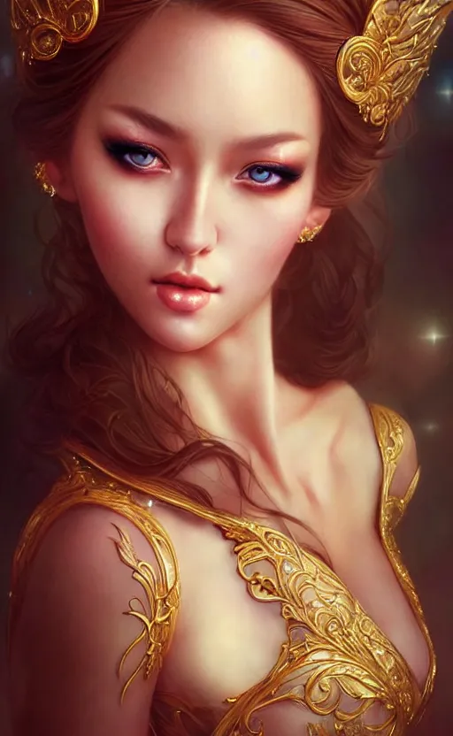 Prompt: a fantasy photo of gorgeous russian female, evening gown, bokeh, medium shot, beautiful face, professionally retouched, soft lighting, realistic, smooth face, perfect eyes, sharp focus, 8 k realistic high definition, insanely detailed, intricate, elegant, art by artgerm and kyoung hwan kim