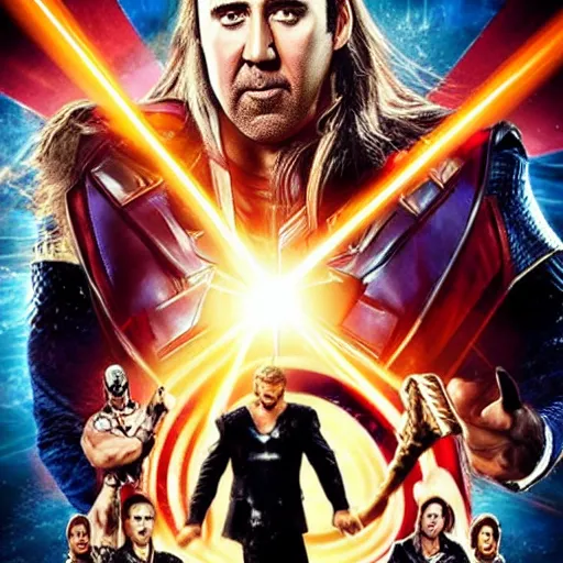 Prompt: nicholas cage as marvel's thor, movie poster