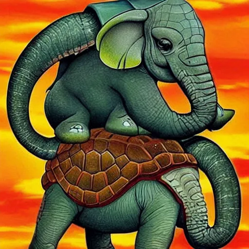 Image similar to Great A'Tuin is the Giant Star Turtle (of the fictional species Chelys galactica) who travels through the Discworld universe's space, carrying four giant elephants (named Berilia, Tubul, Great T'Phon, and Jerakeen) who in turn carry the Discworld