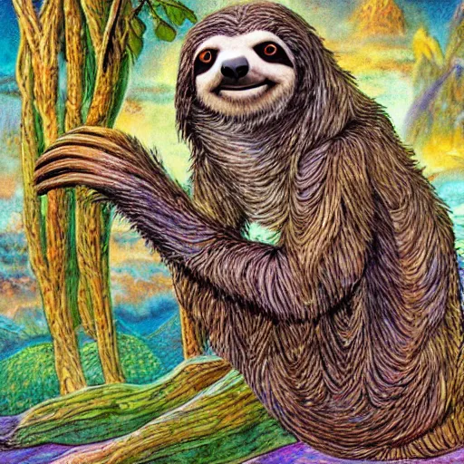 Prompt: a sloth depicted as a wise old wizard by Larry Elmore, by Josephine Wall, glossy 1980s painting
