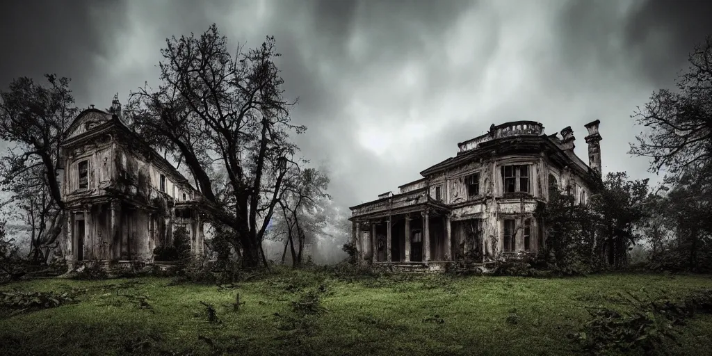 Image similar to a haunted old villa in the middle of an ancient forest, ominous Sky, gloomy atmosphere, cinematic, mist, High definition, 8k, ultra detailed